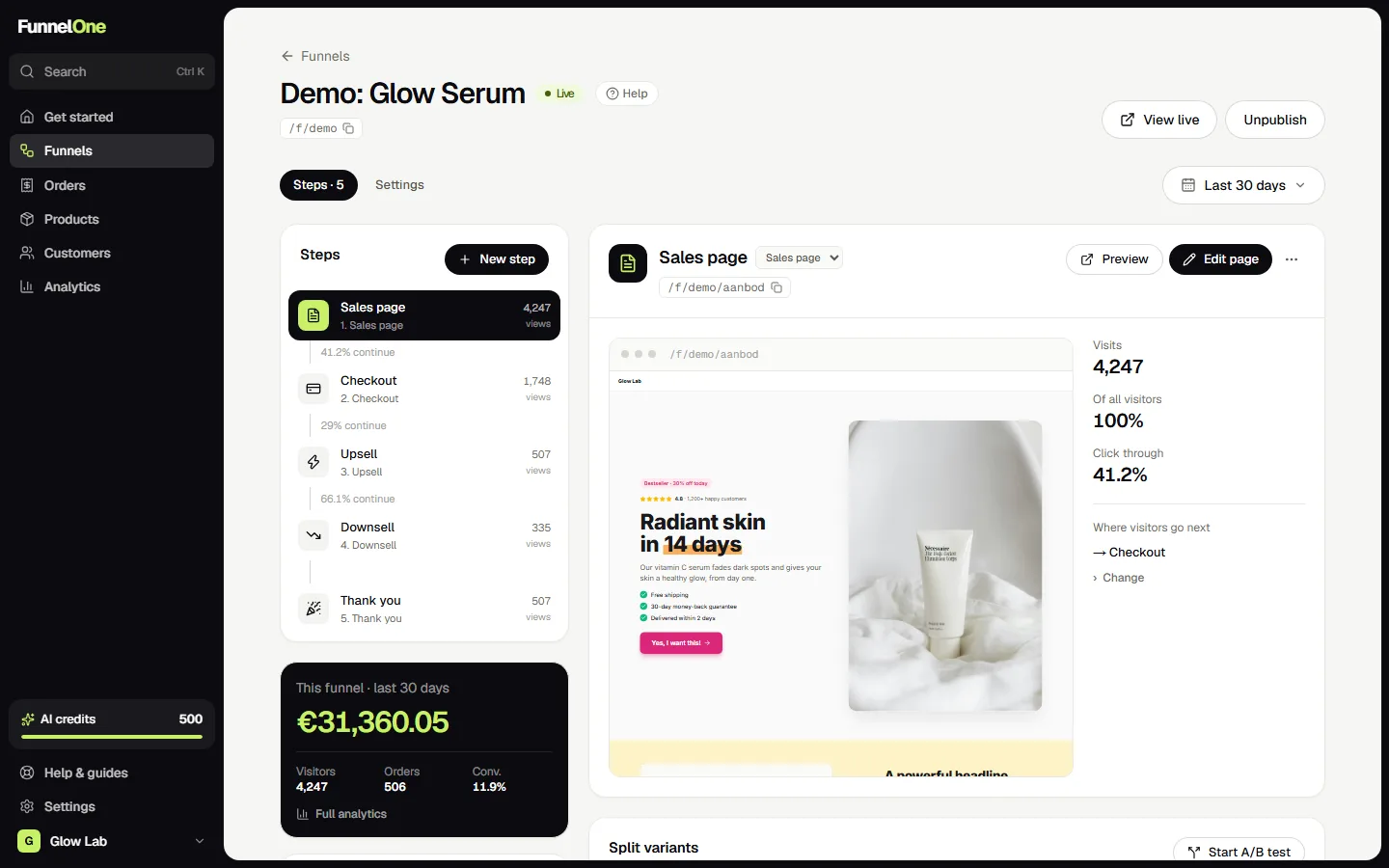 FunnelOne funnel flow: Every step of the funnel in one view, with its numbers, routes and A/B variants.